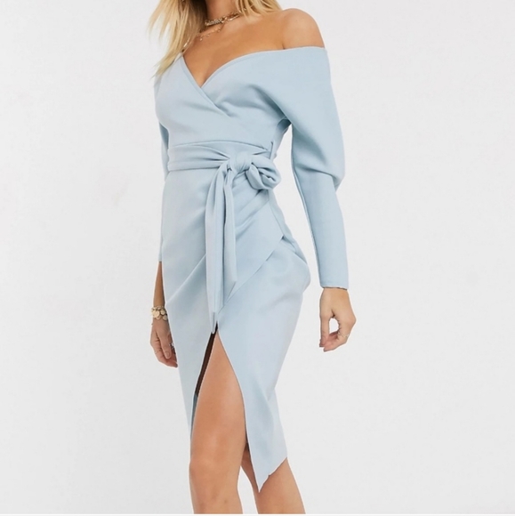 Asos DESIGN wrap tie dusty light blue midi dress - Picture 3 of 9